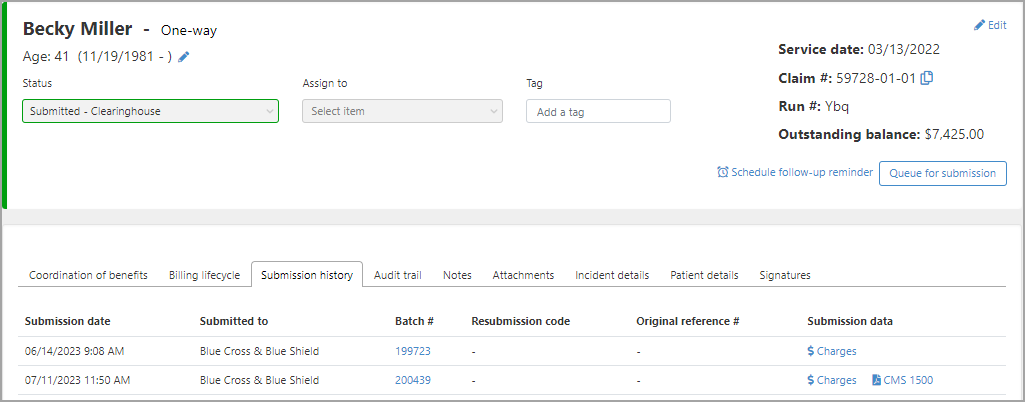 How the submission history displays rolling into the base.